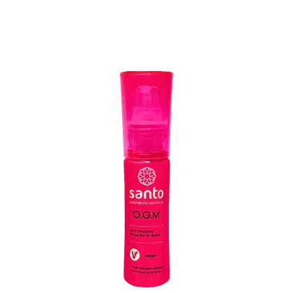 Gel de massagem corporal O.G.M da marca Santo Cosméticos Sensorial. Embalagem plástica cilíndrico alongada na cor rosa vibrante. Rótulo com o logotipo da marca, nome do produto "O.G.M".