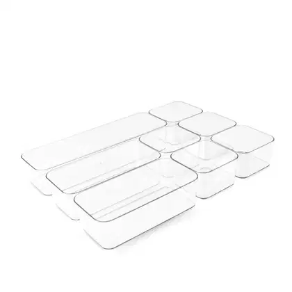 Conjunto de recipientes acrílicos transparentes em diferentes formatos e tamanhos, ideais para organização e armazenamento de produtos de beleza e cosméticos.