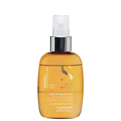 Frasco de óleo protetor para cabelos da marca Alfaparf Milano, com 125 ml de capacidade. O produto possui embalagem de plástico transparente com tampa spray e rótulo amarelo com logotipo da marca.