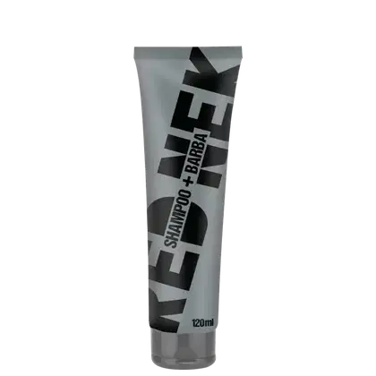 A imagem mostra uma bisnaga cinza de shampoo para barba com letra em preto.