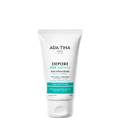 Tubo branco com rótulo da marca "ADA TINA Italy" contendo o produto "DEPORE mat extreme Anti-Oleosidade" com texto sobre sua ação e características, como "Tripla Ação Sedativa" e "Dermatologicamente Testado".