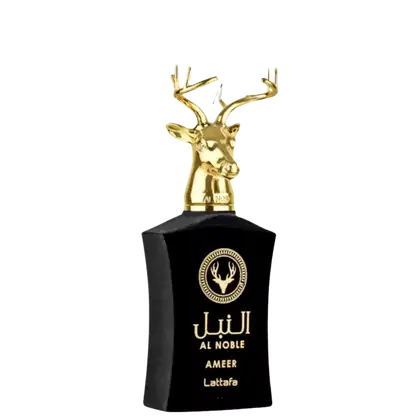 Frasco de perfume preto e dourado da marca Lattafa, com um símbolo de veado dourado no topo. O rótulo exibe o nome "Al Noble Ameer Lattafa" em letras douradas.