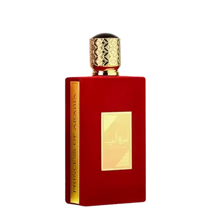 Frasco de perfume vermelho da marca Lattafa Perfumes, com tampa dourada e rótulo dourado com texto árabe. O frasco possui um design elegante e sofisticado.