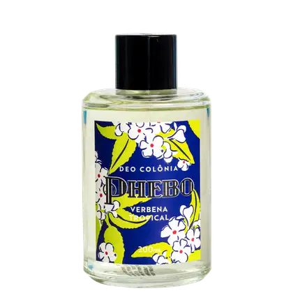 Deo colônia em frasco de vidro de 200ml.apresenta um design colorido com fundo azul marinho e detalhes em amarelo, branco e vermelho. O rótulo exibe o nome do produto "Phebo Verbena Tropical", e elementos florais estilizados com flores brancas e amarelas.