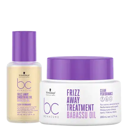 Schwarzkopf Professional BC Bonacure Frizz Away Smoothing Oil e Frizz Away Treatment Babassu Oil, em embalagens de plástico roxo com rótulos brancos e detalhes em roxo, para tratamento do frizz.