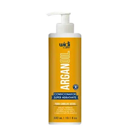 Frasco de condicionador super hidratante da marca Widi Care, com embalagem de plástico branca e amarela. O rótulo destaca o nome "Argan Oil" e menciona que o produto é indicado para cabelos secos.