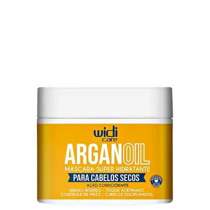 Embalagem de máscara super hidratante de argan da marca Widi Care, em frasco branco e amarelo, com rótulo destacando os benefícios para cabelos secos, como brilho intenso e controle de frizz.