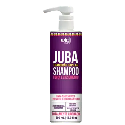 Frasco de shampoo Widi Care Juba, com bomba dosadora, em embalagem roxa com detalhes coloridos. Rótulo indica "Transição Capilar Shampoo - Força e Crescimento".