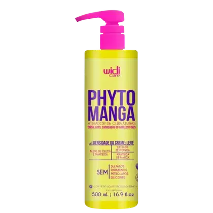 Frasco de 500 ml de Phyto Manga, um ativador de cachos e ondas da Widi Care, com embalagem amarela e rosa, contendo informações sobre sua composição e benefícios.