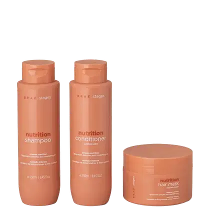Três produtos da marca Braé: shampoo, condicionador e máscara capilar da linha Nutrition, em embalagens laranja com detalhes em branco e texto descritivo.