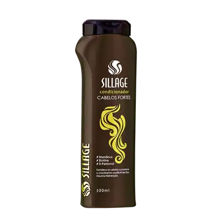 Frasco de condicionador Sillage para cabelos fortes, com embalagem marrom e detalhes em amarelo. Destaca os ingredientes Mandioca, Biotina e D-Pantenol para fortalecer e hidratar os fios.
