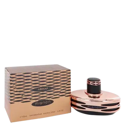 Frasco de perfume Armaf Mignon em caixa com padrão geométrico em tons de marrom e preto. O frasco possui formato arredondado com tampa preta e detalhes em rosa dourado.