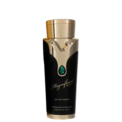 Frasco de perfume Armaf Magnificent, com embalagem preta e detalhes dourados, contendo um pingente verde em formato de gota. O rótulo exibe o nome do produto em letras douradas.