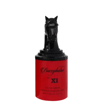 Frasco de perfume Bucephalus No. XI, com embalagem vermelha e tampa preta em formato de cabeça de cavalo. O rótulo apresenta o nome da marca e o número do produto em destaque.