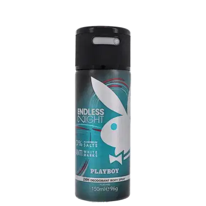 Frasco de desodorante corporal Playboy Endless Night, com design preto e azul, contendo 150ml do produto. O rótulo destaca a ausência de sais de alumínio e a promessa de "anti white marks".