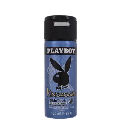 Desodorante corporal em spray da linha King of the Game da Playboy, com embalagem preta e azul contendo o logotipo da marca e a imagem do coelho Playboy.