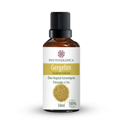 Frasco de óleo vegetal extravirgem Gergelim da marca Phytoterápica, com 50ml de conteúdo. O rótulo apresenta o nome do produto, a composição botânica e a indicação de que é um óleo prensado a frio.