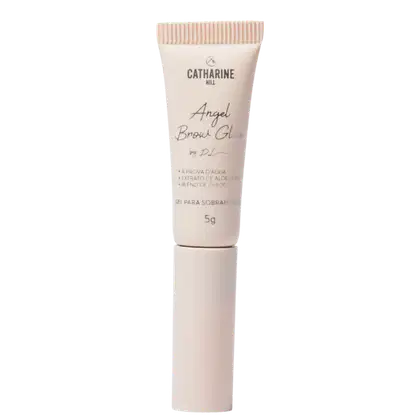 O produto apresentado é um gel para sobrancelhas da marca Catharine Hill, chamado "Angel Brow Gel". A embalagem é um tubo de plástico bege, com o nome da marca e do produto impressos em cinza.