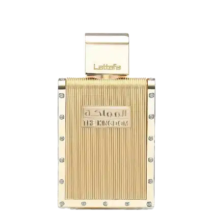 Frasco de perfume Lattafa The Kingdom, com design retangular dourado e detalhes em metal, exibindo o nome da marca e do produto em relevo.