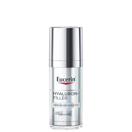 Frasco de vidro prateado com rótulo da marca Eucerin, contendo sérum epigenético Hyaluron-Filler para cuidados com a pele.