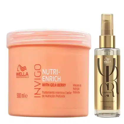 Kit com máscara Nutri-Enrich e óleo capilar Oil Reflections, da marca Wella Professionals.