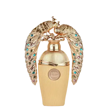 Frasco de perfume dourado da marca Lattafa, com detalhes em formato de pavões dourados e pedras coloridas, apresentando uma embalagem luxuosa e ornamentada.