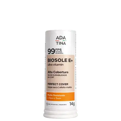 Embalagem branca cilíndrica de protetor solar da marca Ada Tina, com rótulo indicando FPS 99, Biosole E+ ultra vitamin, alta cobertura e resistência à água e suor.