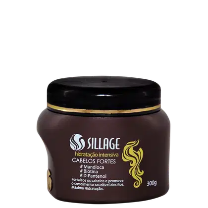 Pote de tratamento capilar Sillage com 300g, embalagem preta e dourada, com rótulo destacando os ingredientes Mandioca, Biotina e D-Pantenol, que fortalecem e promovem o crescimento saudável dos cabelos.