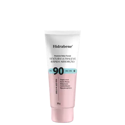 Protetor solar facial Hidrabene. O rótulo traz informações como "Textura ultraleve", "Rápida absorção" e "FPS 90 UVA + UVB". Ele possui toque seco, efeito mate, hidratante e antioxidante, além de ser hipoalergênico. Contém 50g.