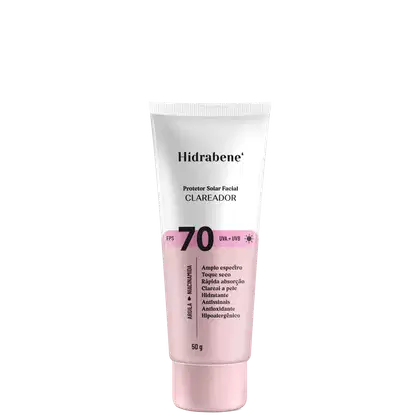Protetor solar facial Hidrabene, com FPS 70 e proteção UVA + UVB contendo 50g. O rótulo destaca as principais características do produto, como amplo espectro, rápida absorção, hidratante, antisséptico e hipoalergênico.