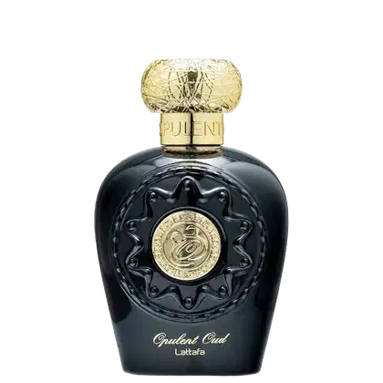 Frasco de perfume Lattafa Opulent Oud com design elegante em preto e dourado. Possui tampa dourada com textura intrincada e rótulo destacado com logotipo da marca.