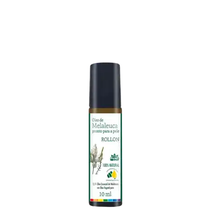 Óleo de Melaleuca em embalagem de rollon de 10 ml, com rótulo verde e amarelo indicando que é um produto 100% natural da marca WNF.