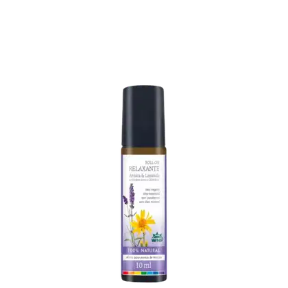 Frasco de óleo essencial roll-on da marca WNF, com rótulo indicando o nome "Relaxante" e ingredientes de Arnica e Lavanda. Embalagem preta com detalhes em dourado, apresentando uma flor amarela e folhas roxas no design.
