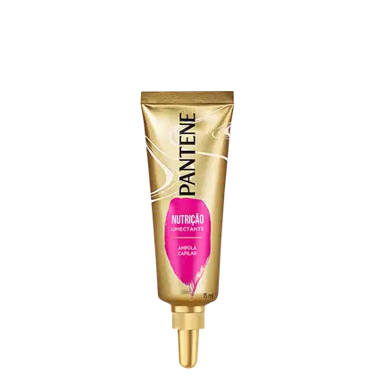 Tubo dourado de 15 ml da linha Pantene Nutrição Umectante, com rótulo rosa destacando "Ampola Capilar" e informações sobre o produto.