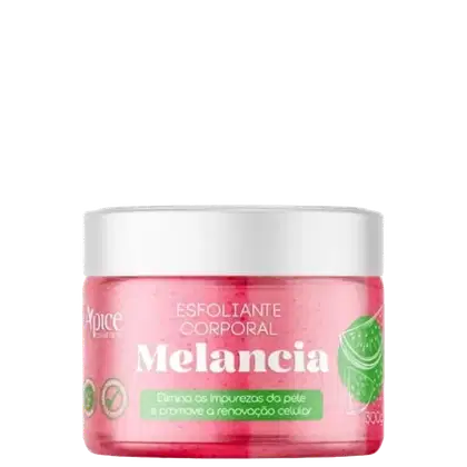 Esfoliante corporal da marca Apice Cosméticos, com o nome "Melancia" impresso no rótulo. O rótulo também destaca que o produto "elimina as impurezas da pele e promove a renovação celular".
