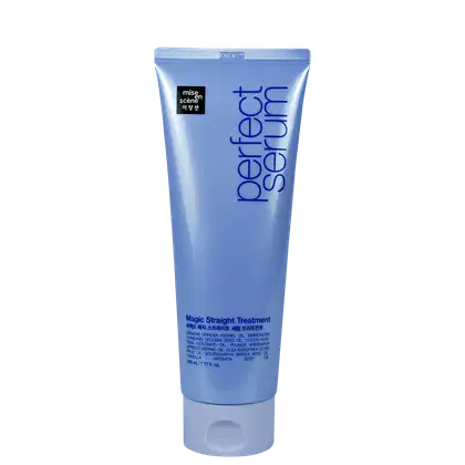 Tubo de tratamento capilar da marca Mise en Scène, com embalagem azul e branca, contendo informações sobre o produto "Magic Straight Treatment".