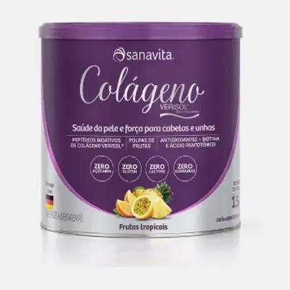 Lata roxa da marca Sanavita contendo o produto Colágeno Verisol, com informações sobre seus benefícios para a pele, cabelos e unhas, e destaque para ser livre de alérgenos, glúten, lactose e conservantes.