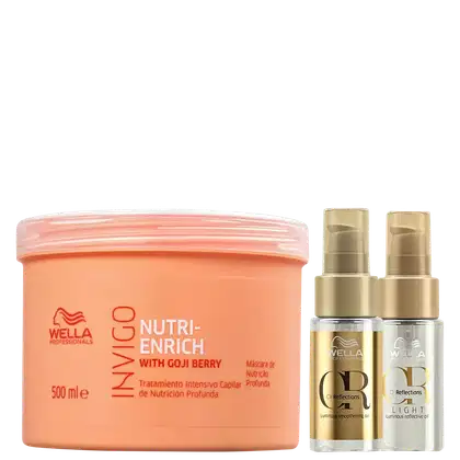 Kit Wella com Máscara Invigo Nutri-Enrich 500ml, óleo Oil Reflections 30ml, e Oil Light 30ml