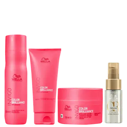 Produtos da linha Wella Professionals Color Brilliance, incluindo shampoo, condicionador e máscara em embalagens rosa vibrante, além de um frasco do óleo Oil Reflections Light