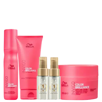 Produtos Wella Professionals da linha Color Brilliance, incluindo shampoo, máscara e leave-in e dois óleos Oil Reflections Light