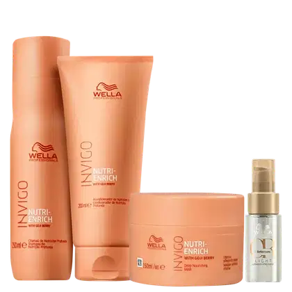 Produtos da linha Nutri-Enrich da Wella Professionals, incluindo shampoo, condicionador, máscara e óleo capilar.