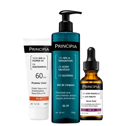Produtos de beleza da marca Principia, incluindo protetor solar FPS 60, gel de limpeza e sérum facial. Embalagens em cores preto e azul, com rótulos e informações sobre os ingredientes e benefícios dos produtos.