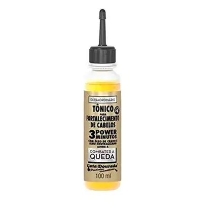 Frasco de 100 ml de tônico para fortalecimento de cabelos da marca Gota Dourada, com rótulo preto e amarelo indicando "Tônico para Fortalecimento de Cabelos 3 Power Minutos".