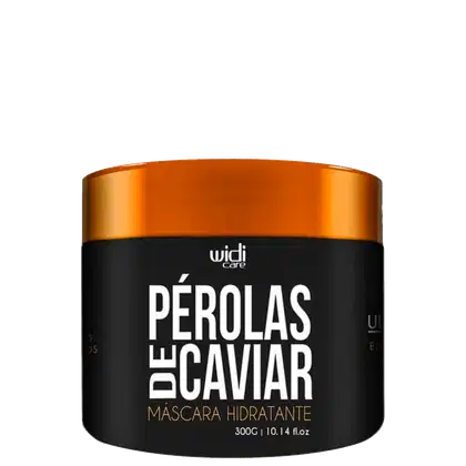 Frasco preto e laranja da marca Widi Care contendo uma máscara hidratante de Pérolas de Caviar, com rótulo destacando o nome do produto em letras grandes.
