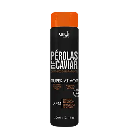 Frasco preto e laranja da linha Widi Care, contendo "Pérolas de Caviar" - um shampoo hidratante com extrato de caviar verde e óleo de argan, sem sulfatos, parabenos, petrolatos e silicones.