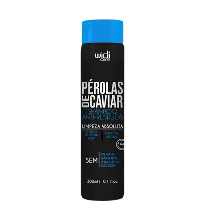 Frasco preto e azul da linha Widi Care, contendo shampoo anti-resíduos de pérolas de caviar. Destaca-se o texto "Pérolas de Caviar" e informações sobre a fórmula livre de sulfatos, parabenos e silicones.