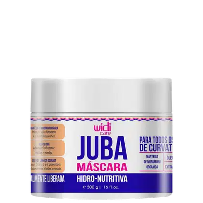 Máscara hidro-nutritiva Juba. Embalagem branca, rótulo com detalhes em rosa e azul. Texto destacaingredientes orgânicos hidratantes e nutritivos como manteiga de murumuru, óleos de coco e linhaça dourada.