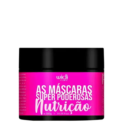 Embalagem preta e rosa com o texto "As Máscaras Super Poderosas Nutrição" da marca Widi Care, contendo 300g do produto.