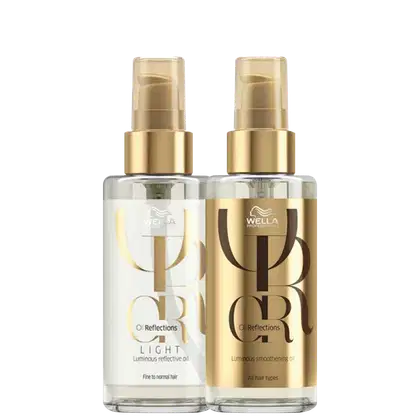 Dois frascos de óleo capilar da linha Wella Professionals Reflections. Um com rótulo branco com detalhes em dourado, identificado como "Light Luminous Reflective Oil". O outro  identificado como "Luminous Smoothening Oil" para todos os tipos de cabelo