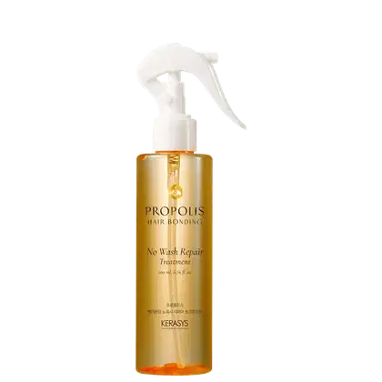Frasco de tratamento capilar em spray da marca Kerasys, com rótulo em inglês indicando "Propolis Hair Bonding No Wash Repair Treatment".